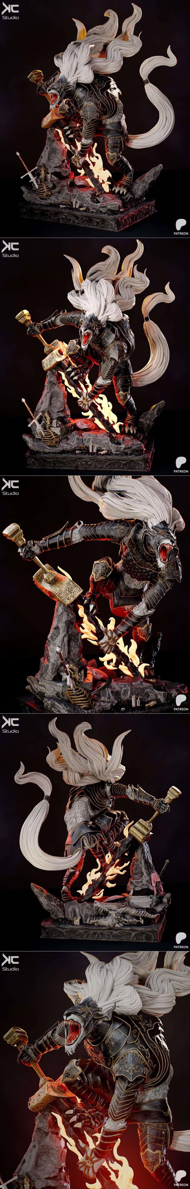 Maliketh the Black Blade from Elden Ring in a dynamic combat pose, wielding a flaming sword and a large hammer. The f...