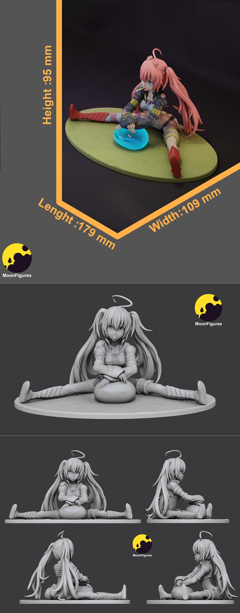 Milim Nava anime figure with pink pigtails sitting with legs spread, holding a glowing blue slime. She wears a dark j...