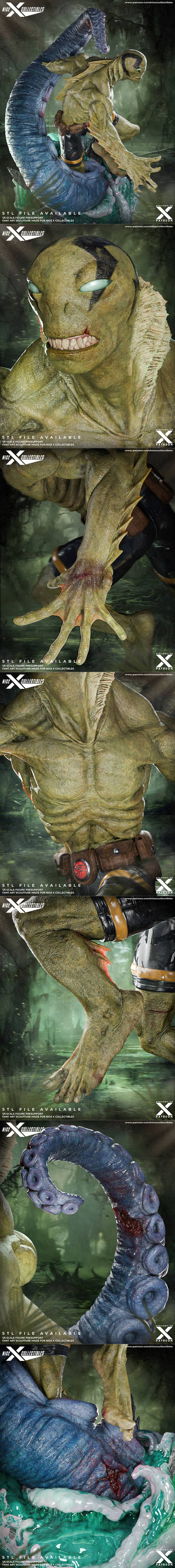 Abe Sapien 3D model, an amphibian humanoid with green skin and a toothy grin, posed dynamically with a large blue ten...