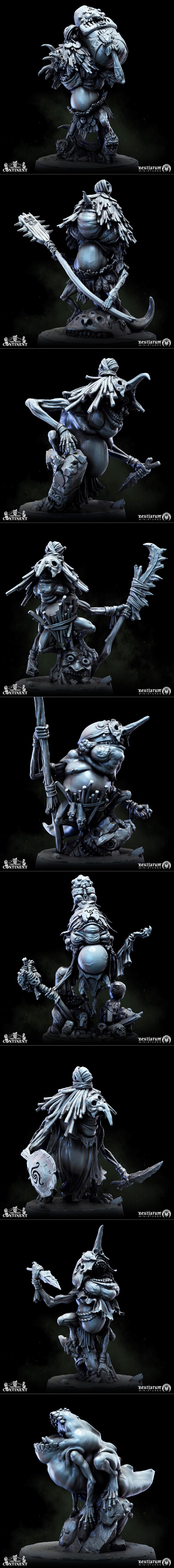 Collection of grimdark fantasy miniatures: a large toad-like matriarch, frog-people warriors with clubs and spears, t...