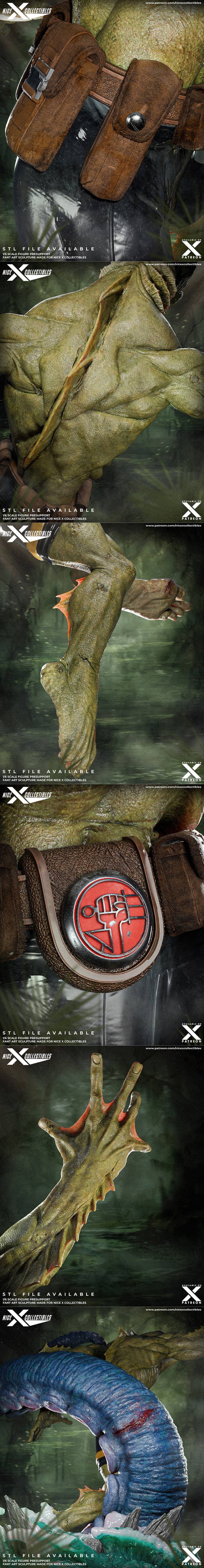 Abe Sapien 3D model, an amphibian humanoid with green skin and a toothy grin, posed dynamically with a large blue ten...