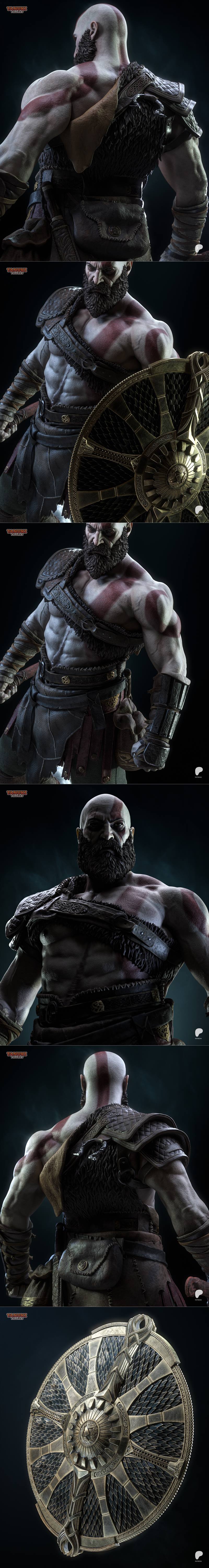 Kratos from God of War standing on a snowy base, holding an axe and shield. Detailed sculpt of a muscular warrior wit...