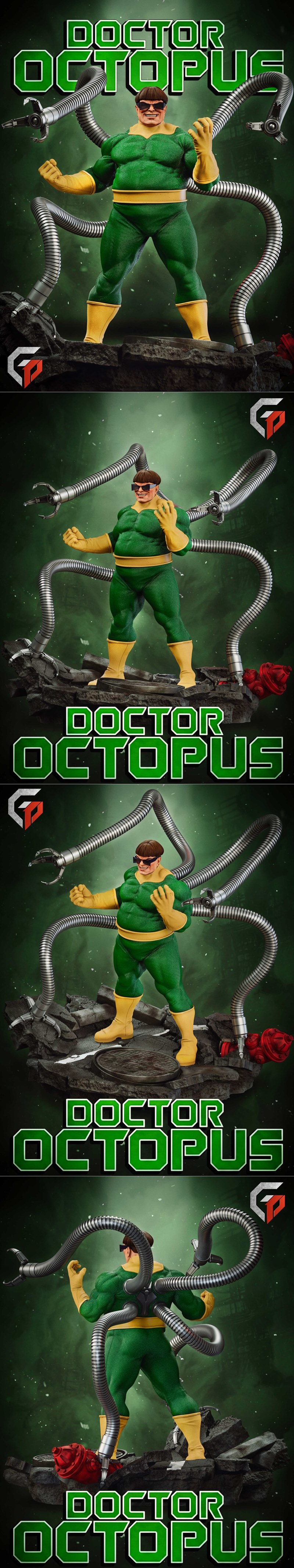 Doctor Octopus 3D model figure with four metallic mechanical tentacles, wearing a green suit with yellow accents, in...