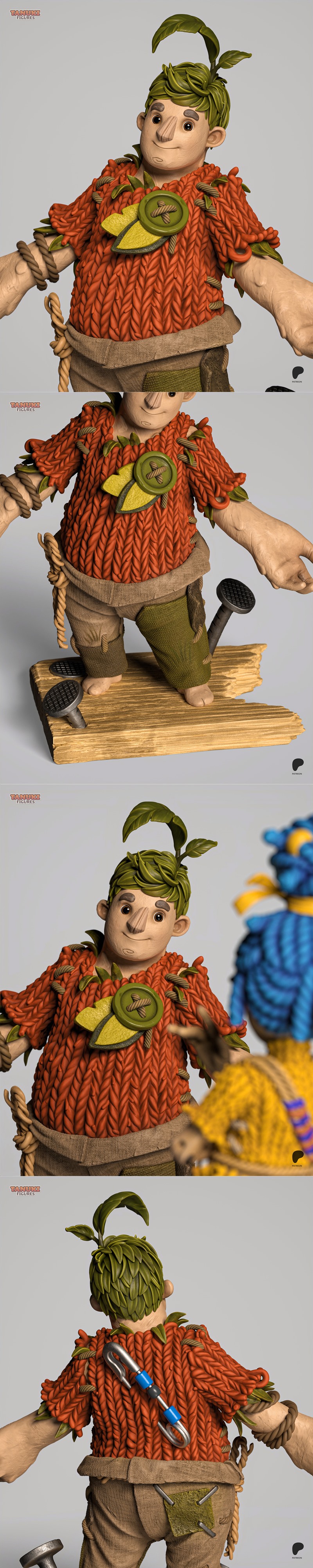 3D model of Cody from It Takes Two, wearing a knitted orange shirt and patched pants, standing on a wooden base with...