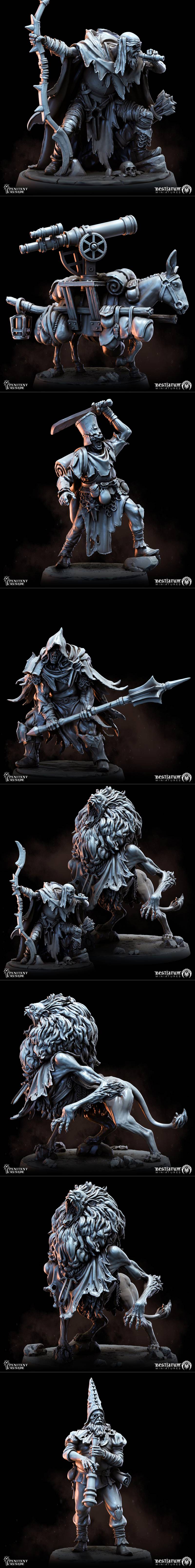 Collection of grimdark fantasy miniatures from Bestiarum Miniatures, including soldiers, a manticore, and a donkey wi...