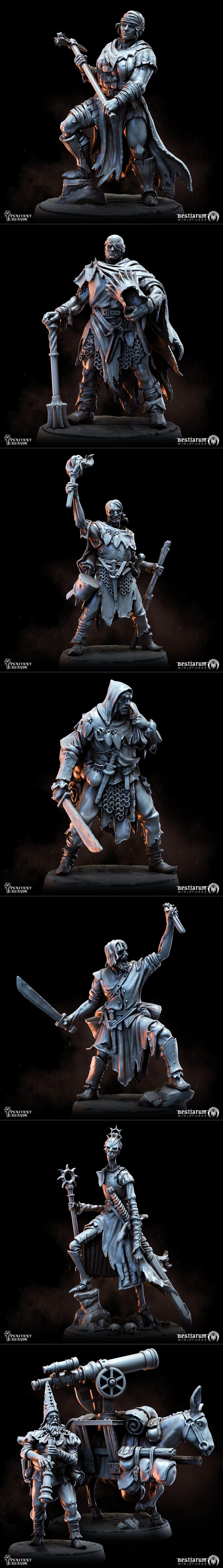 Collection of grimdark fantasy miniatures from Bestiarum Miniatures, including soldiers, a manticore, and a donkey wi...