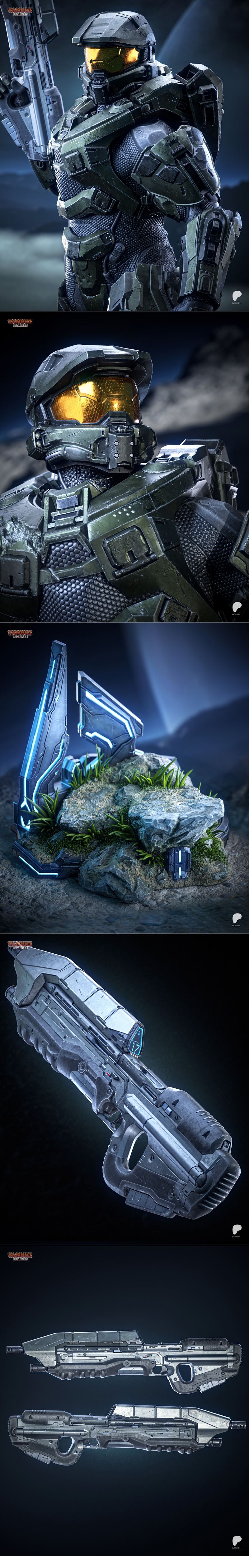 Master Chief from Halo 4 in green Mjolnir armor holding an assault rifle, standing on a rocky base with futuristic bl...