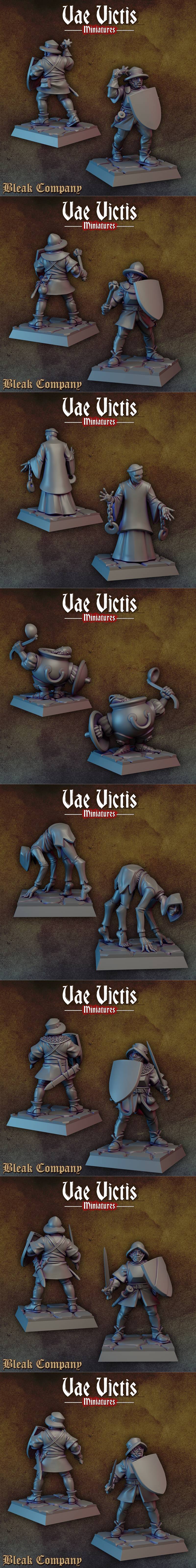 Collection of medieval-style 3D printable miniatures for tabletop gaming, featuring swordsmen with shields, presented...