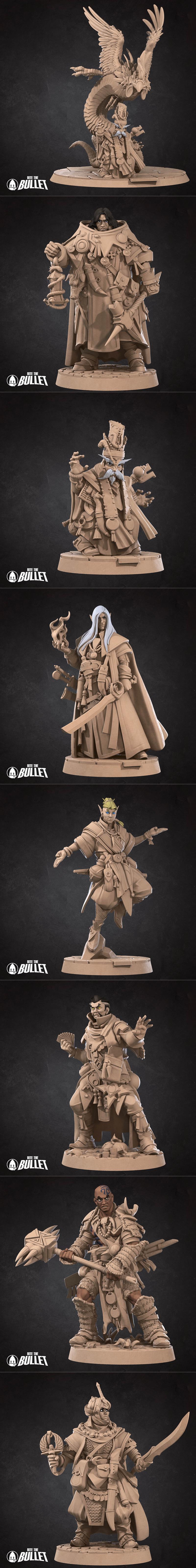 Collection of fantasy miniatures including a female warrior with a sword, an elf, and a fox, all detailed for 3D prin...