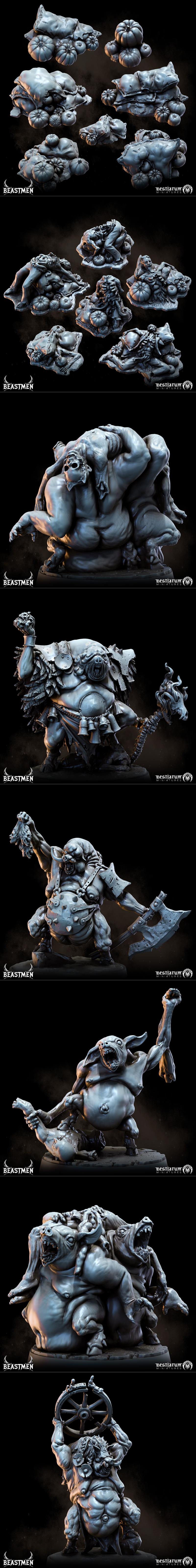 Collection of grimdark fantasy pig-like monster miniatures for 3D printing, including a large juggernaut, shaman, rai...
