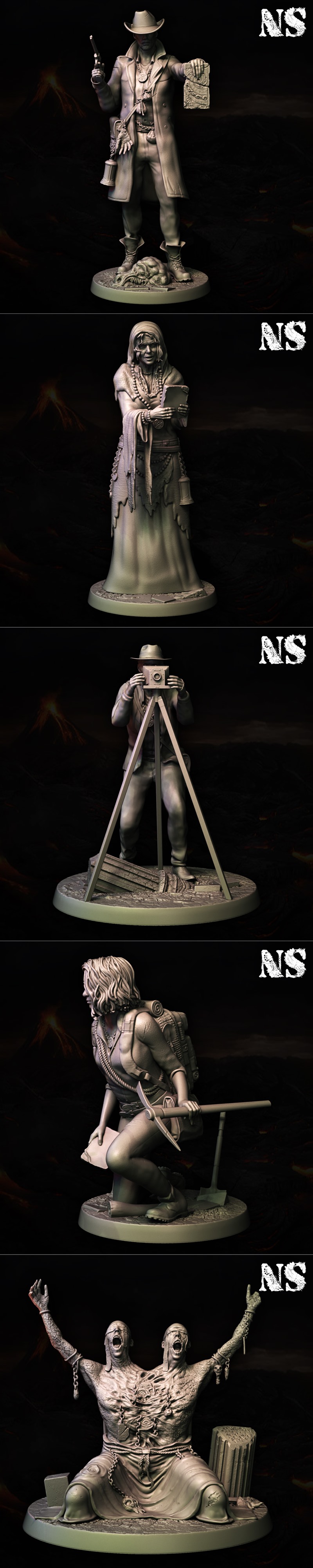 Collection of Lovecraftian horror miniatures: Ghatanothoa entity with tentacles, petrified figures, and an expedition...