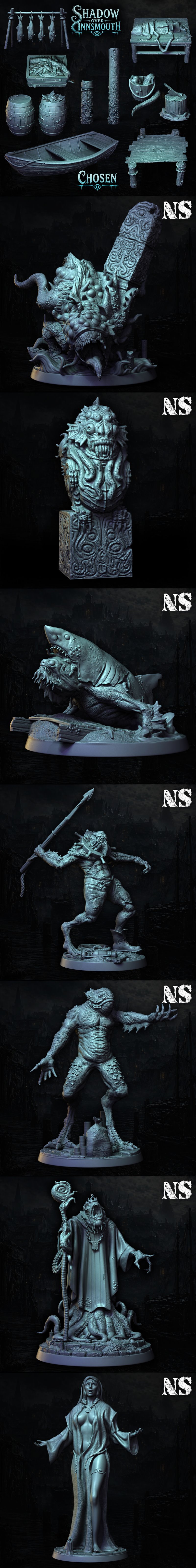 Collection of detailed 3D printable miniatures and terrain pieces from the "Shadow over Innsmouth" set by N...