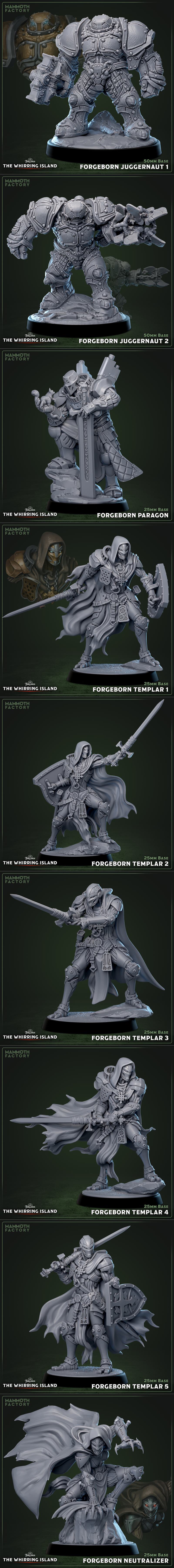 Collection of Forgeborn miniatures from Mammoth Factory's Farlands setting: a large Devastator with hammer and sword,...