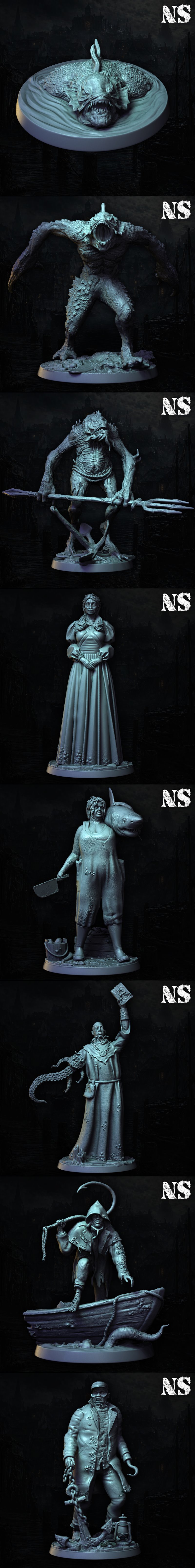 Collection of detailed 3D printable miniatures and terrain pieces from the "Shadow over Innsmouth" set by N...