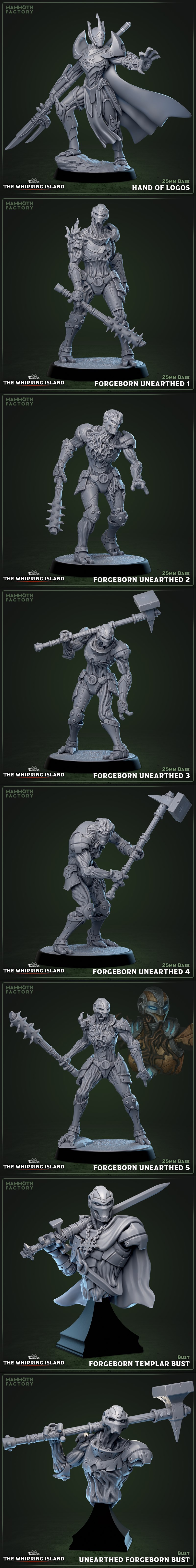 Collection of Forgeborn miniatures from Mammoth Factory's Farlands setting: a large Devastator with hammer and sword,...