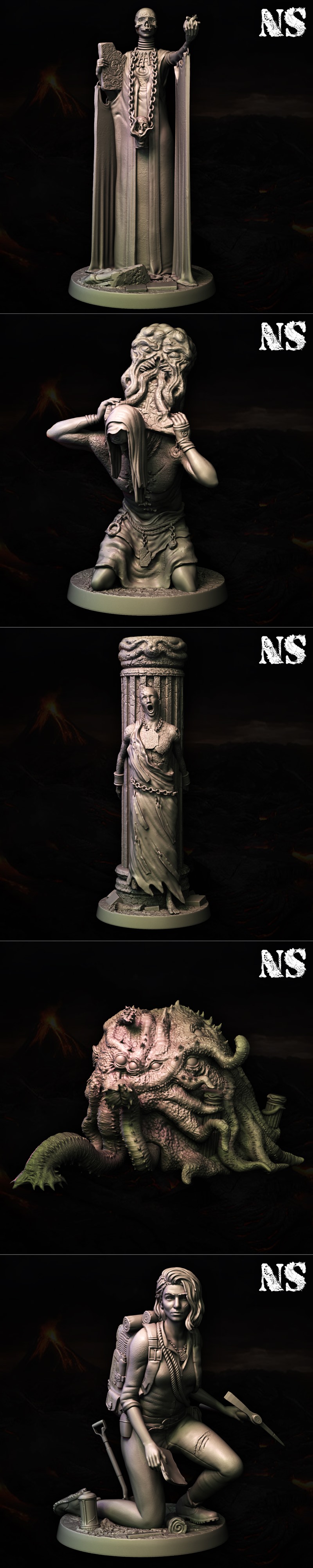 Collection of Lovecraftian horror miniatures: Ghatanothoa entity with tentacles, petrified figures, and an expedition...