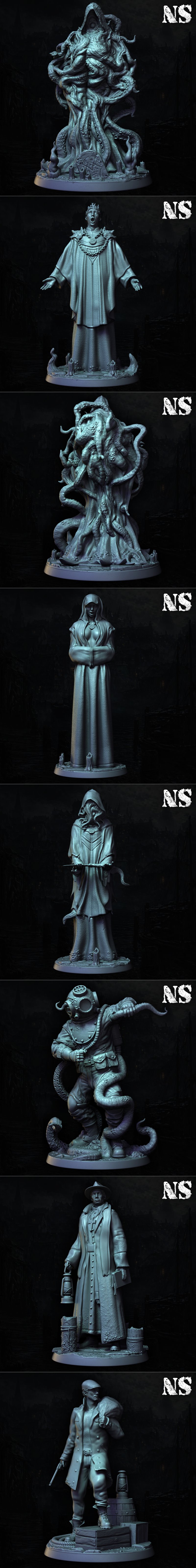 Collection of detailed 3D printable miniatures and terrain pieces from the "Shadow over Innsmouth" set by N...
