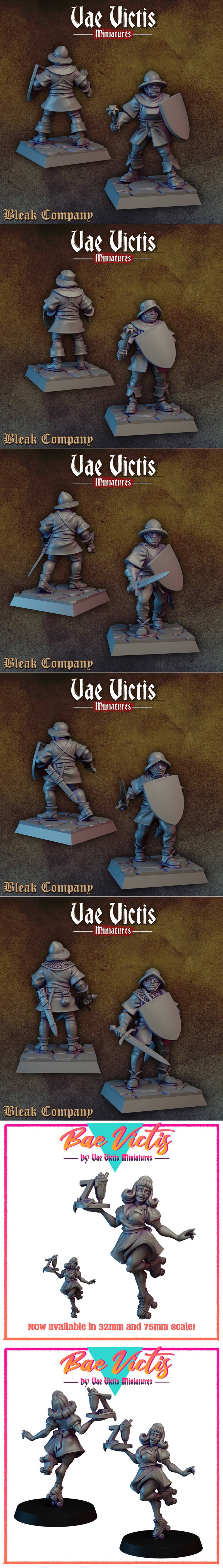 Collection of medieval-style 3D printable miniatures for tabletop gaming, featuring swordsmen with shields, presented...