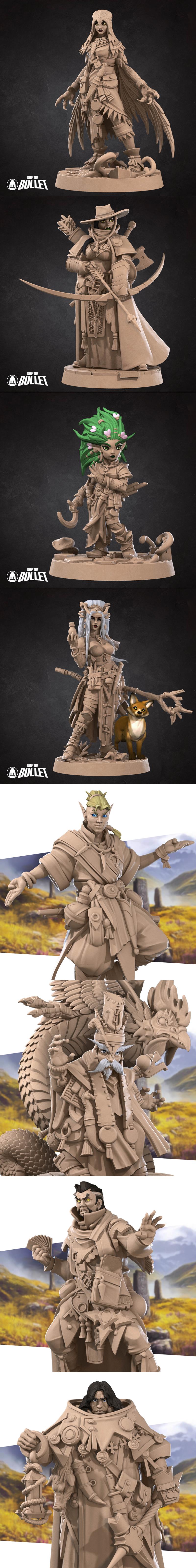 Collection of fantasy miniatures including a female warrior with a sword, an elf, and a fox, all detailed for 3D prin...