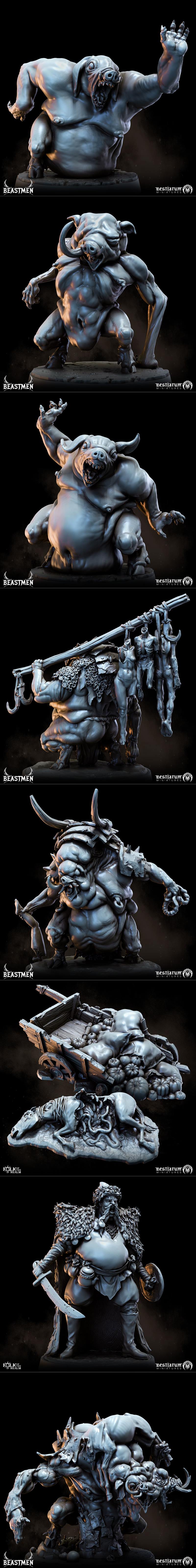 Collection of grimdark fantasy pig-like monster miniatures for 3D printing, including a large juggernaut, shaman, rai...
