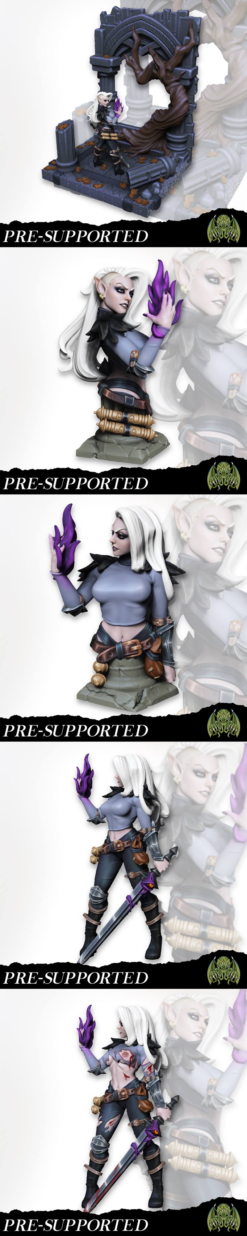 Female elf miniature with white hair, dark tactical outfit, wielding purple magic and a sword, standing on a rocky ba...