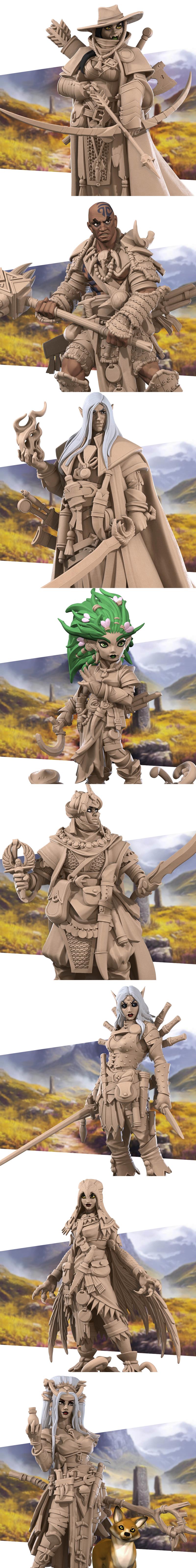 Collection of fantasy miniatures including a female warrior with a sword, an elf, and a fox, all detailed for 3D prin...