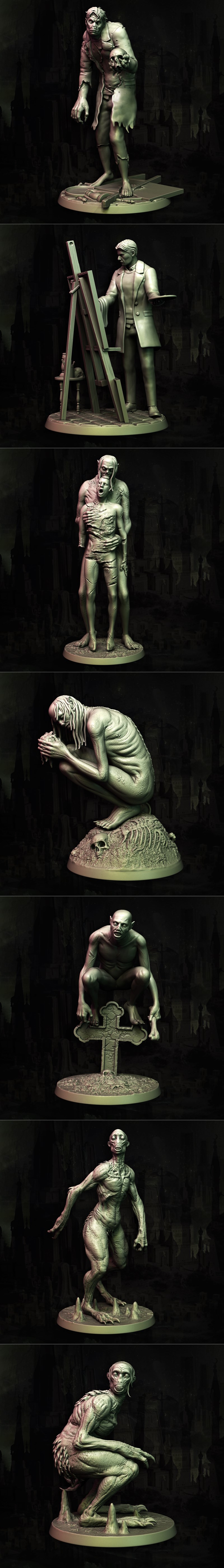 Collection of Lovecraftian horror miniatures: Ghasts, Ghouls, Gugs, Men of Leng, and Richard Upton Pickman, sculpted...