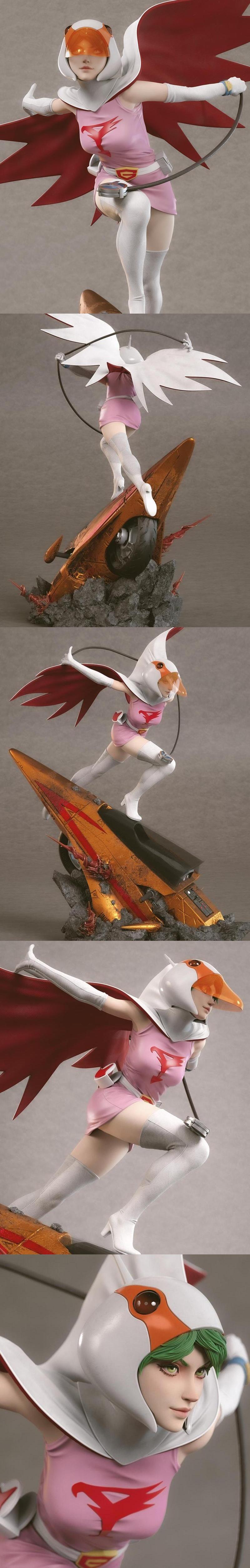 3D model figure of Jun the Swan from Gatchaman in a dynamic pose on a damaged rocket base, with red wings spread.