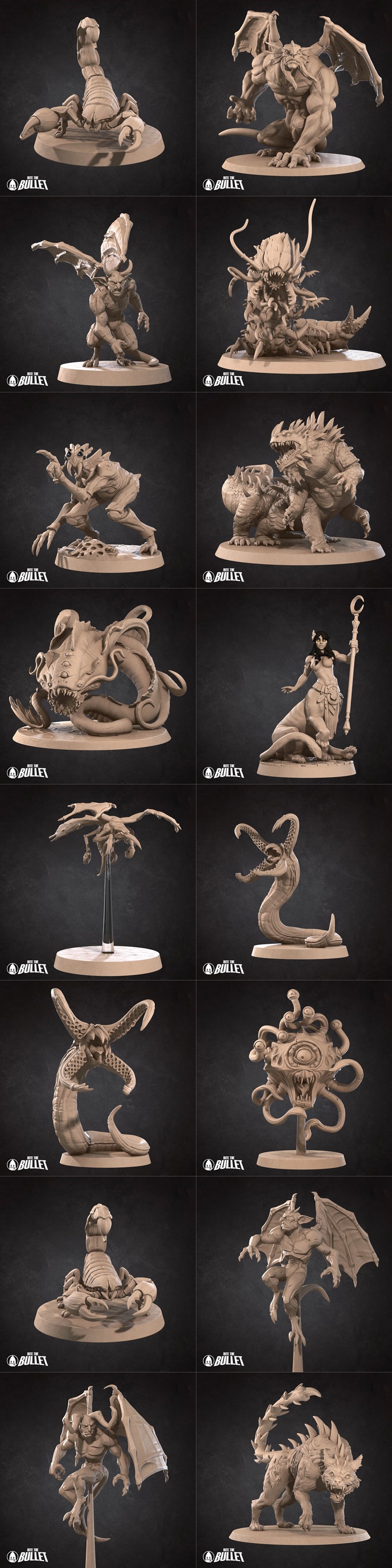 Collection of detailed fantasy and horror miniatures: dragons, a beholder, a scorpion creature, a winged gargoyle, a...