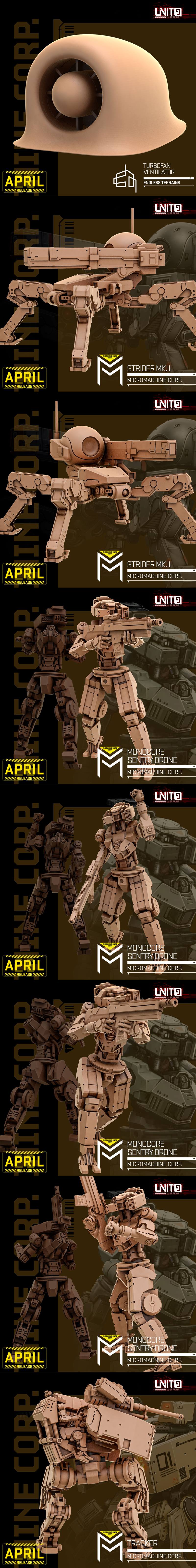 Collection of tan 3D printed mech and robot models with guns and armor. Designs include Monocore Sentry Drone and Bul...