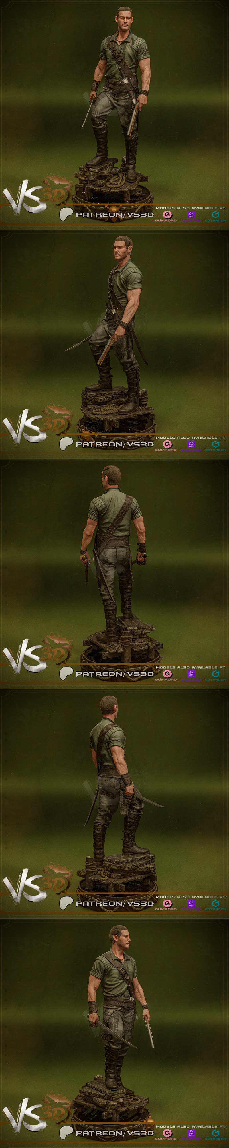 VS3D 3D printable model of Billy Bones from Black Sails, wearing a green shirt and leather straps, with a dagger at h...