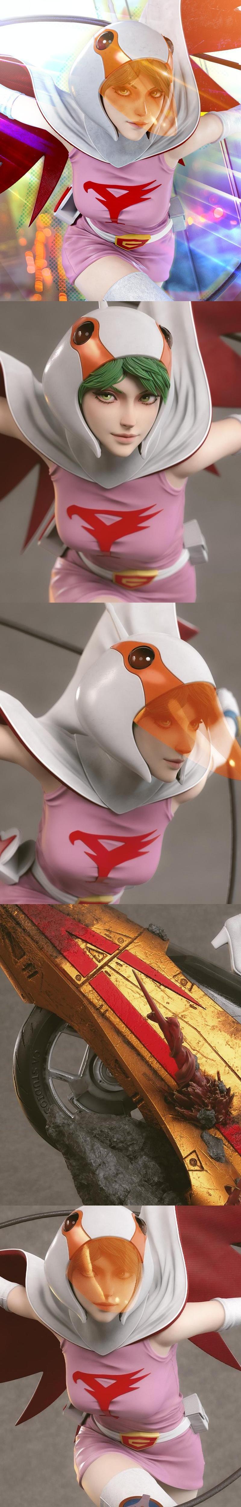 3D model figure of Jun the Swan from Gatchaman in a dynamic pose on a damaged rocket base, with red wings spread.