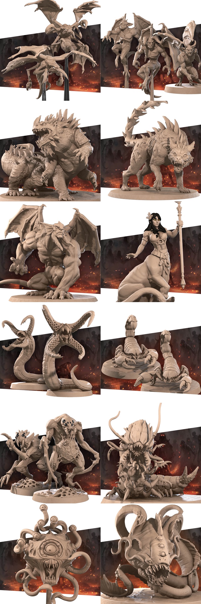 Collection of detailed fantasy and horror miniatures: dragons, a beholder, a scorpion creature, a winged gargoyle, a...