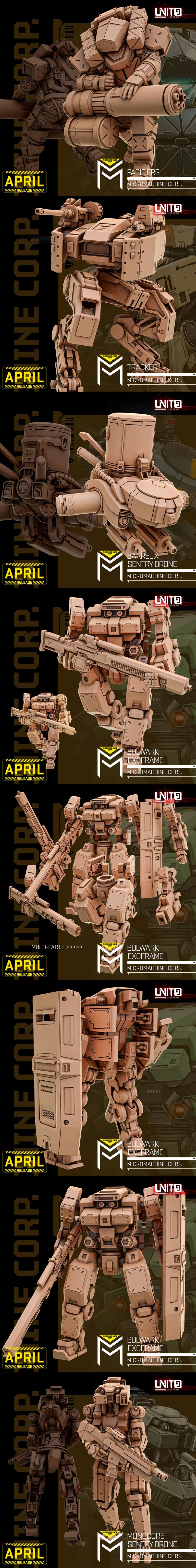 Collection of tan 3D printed mech and robot models with guns and armor. Designs include Monocore Sentry Drone and Bul...