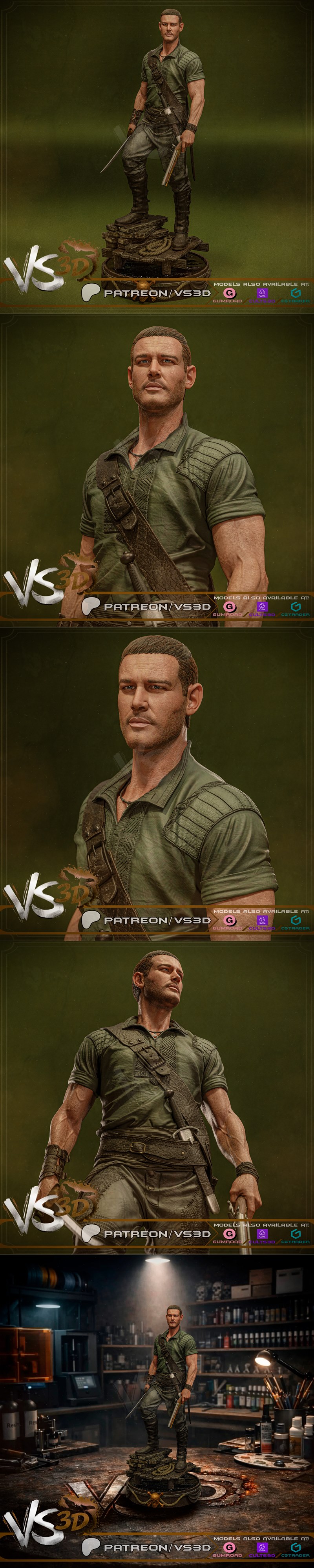 VS3D 3D printable model of Billy Bones from Black Sails, wearing a green shirt and leather straps, with a dagger at h...
