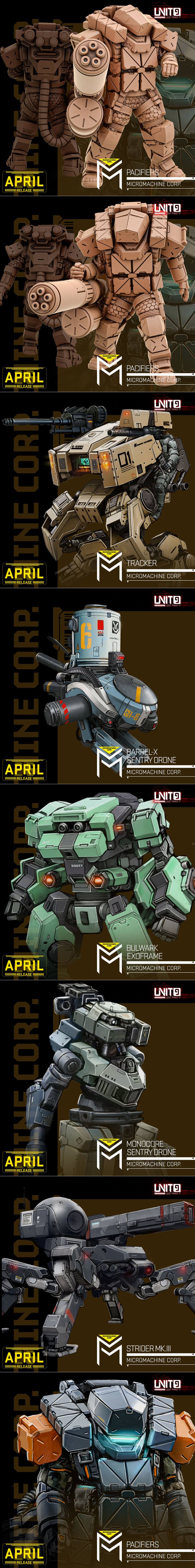 Collection of tan 3D printed mech and robot models with guns and armor. Designs include Monocore Sentry Drone and Bul...