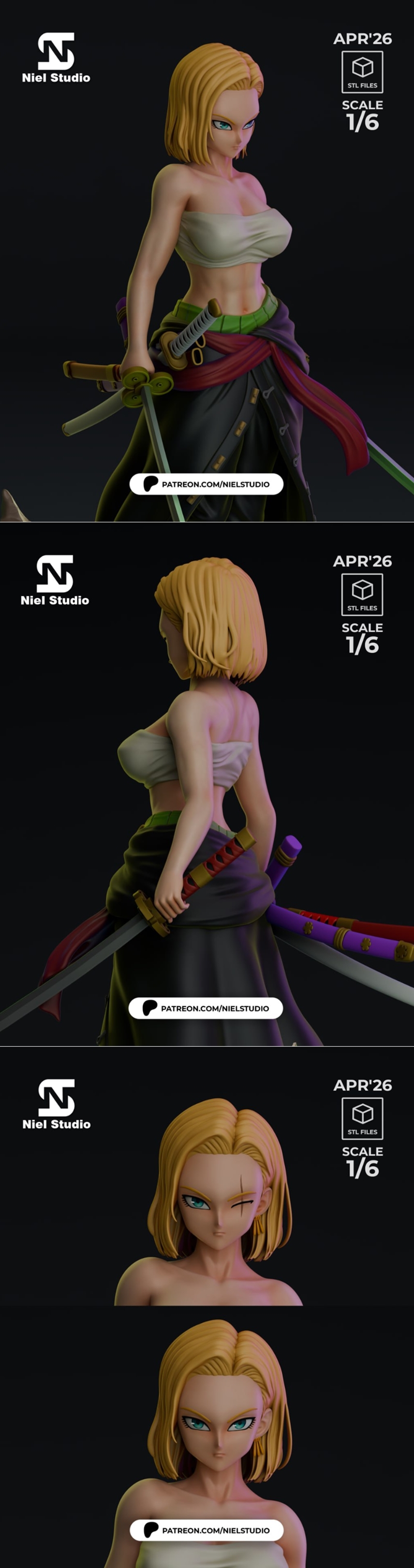 3D model of Android 18 from Dragon Ball, wielding two swords, wearing a white bandeau and dark pants, with a scar ove...