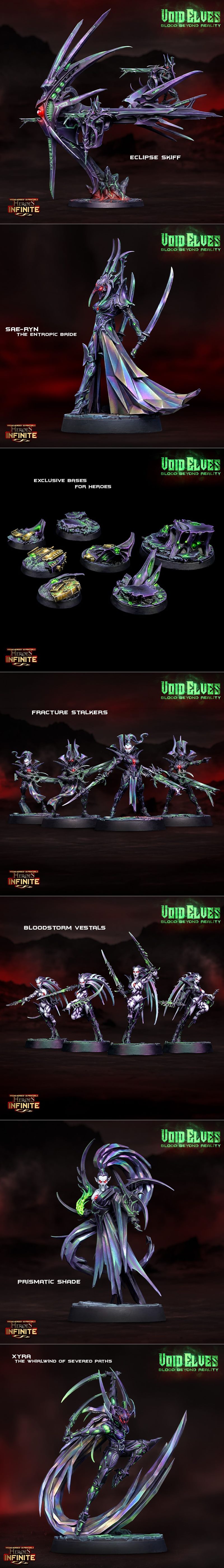 Three detailed 3D printable fantasy figures: Ely-Xra with dual swords, Vael-Or with a central sword, and Koryphael wi...