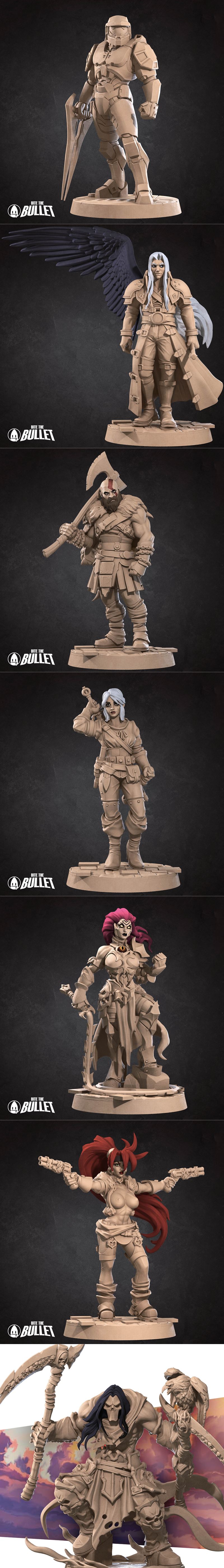 Collection of fantasy miniatures: female gunslinger with dual pistols, blonde female warrior with staff, armored warr...