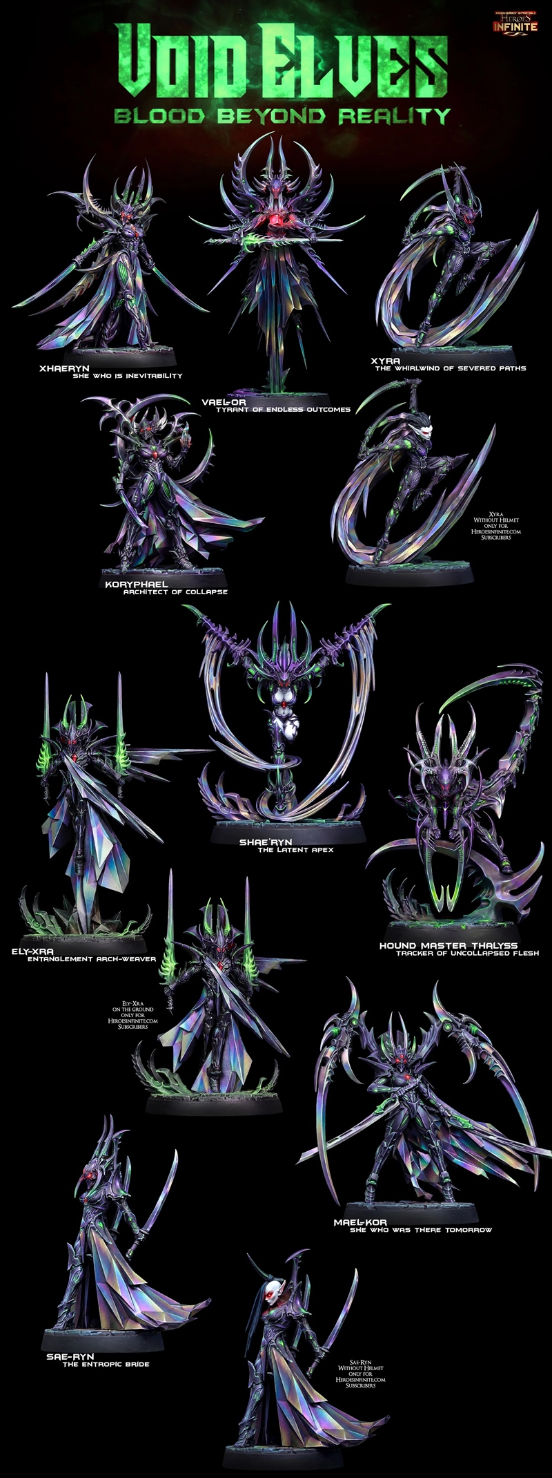 Three detailed 3D printable fantasy figures: Ely-Xra with dual swords, Vael-Or with a central sword, and Koryphael wi...