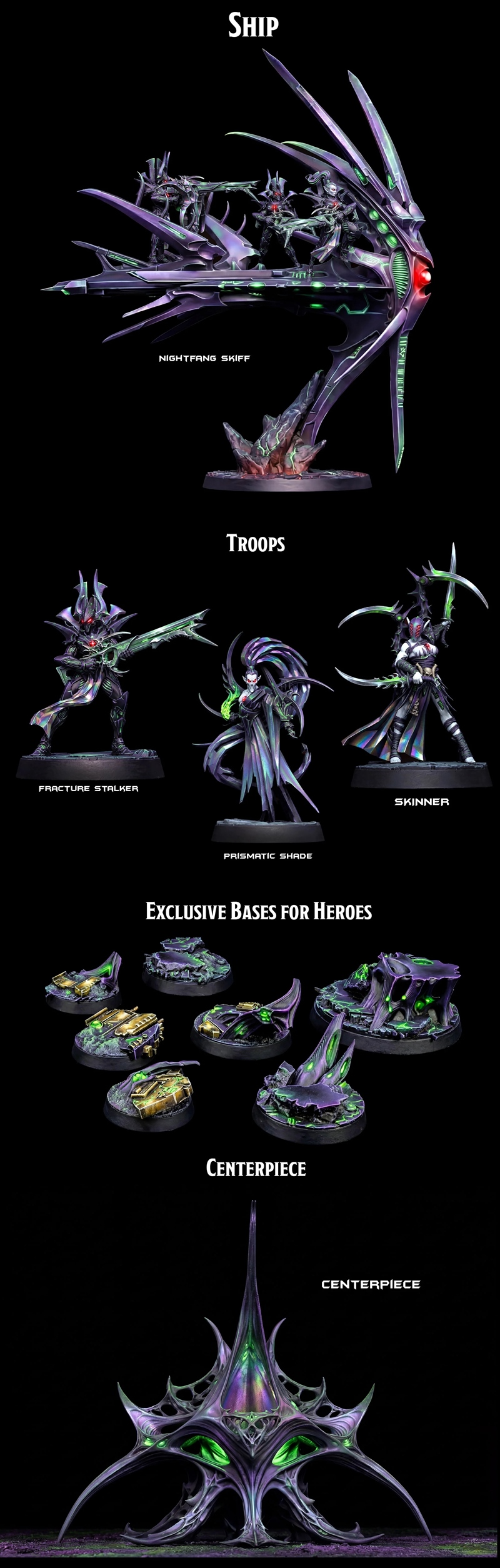 Three detailed 3D printable fantasy figures: Ely-Xra with dual swords, Vael-Or with a central sword, and Koryphael wi...