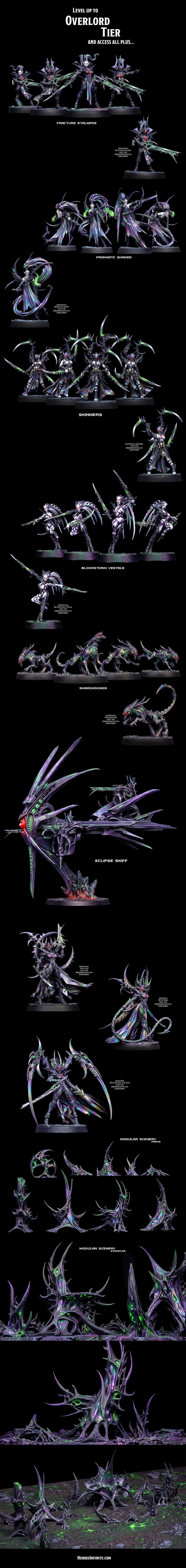 Three detailed 3D printable fantasy figures: Ely-Xra with dual swords, Vael-Or with a central sword, and Koryphael wi...