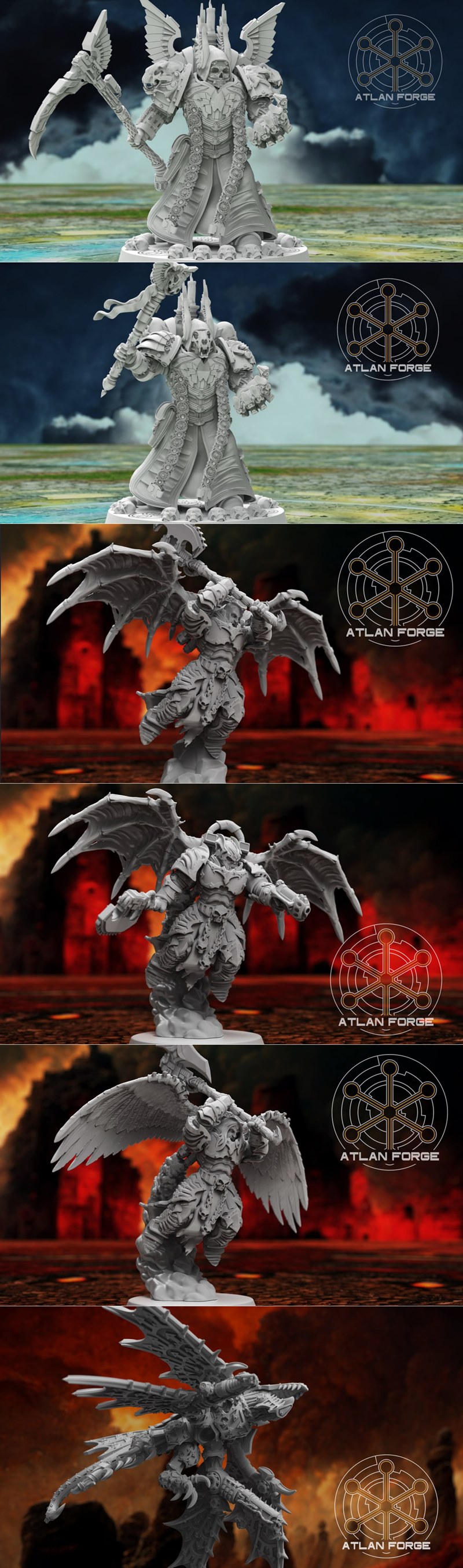 Collection of grimdark sci-fi miniatures: armored soldiers with chainswords and rifles, a large dragon, and a skeleta...