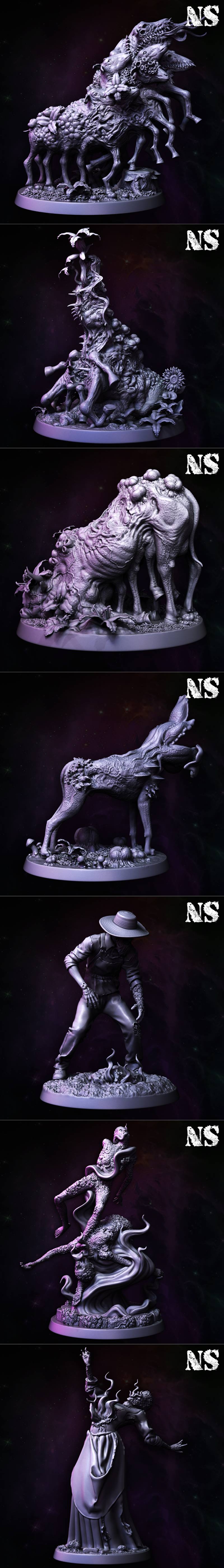 Collection of Lovecraftian horror miniatures: mutated animals, plants, a well, and figures from the Gardner family, a...