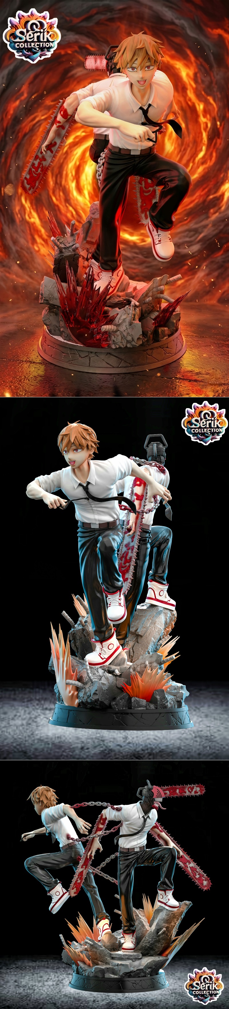 Denji from Chainsaw Man in a dual pose, one as human, one as chainsaw devil, with chainsaw arms extended, on a rocky...