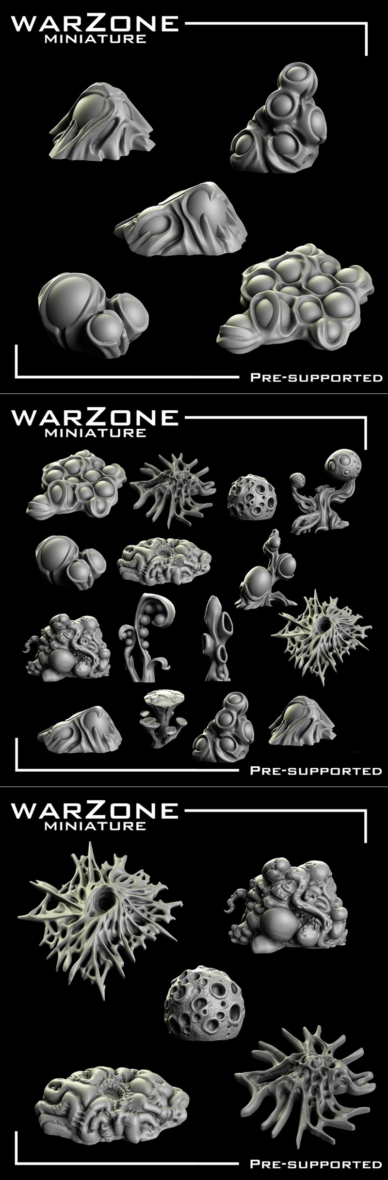 3D models of sci-fi tanks and explosion effects, labeled 'Warzone Miniature' and 'Pre-Supported'.
