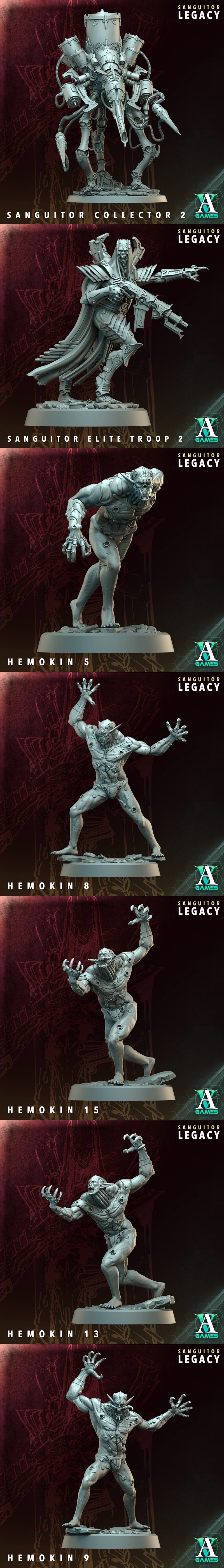Collection of gothic sci-fi miniatures: a large mechanical creature, a robed figure with a staff, and an armored warr...