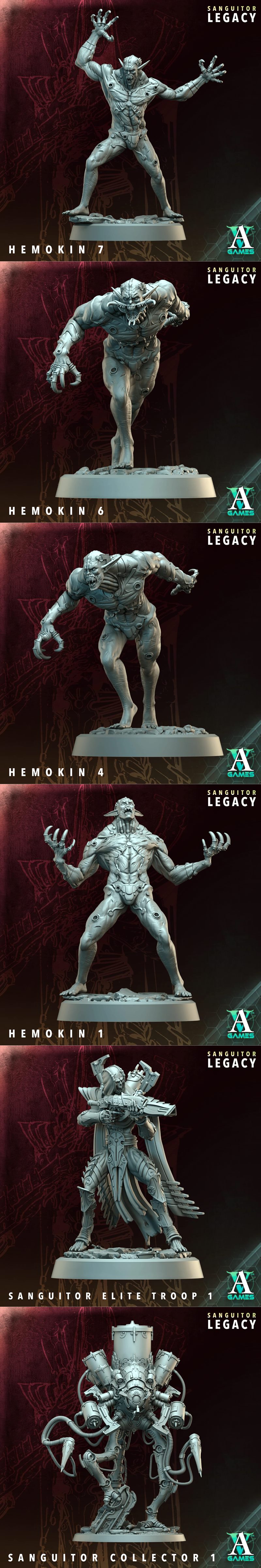 Collection of gothic sci-fi miniatures: a large mechanical creature, a robed figure with a staff, and an armored warr...