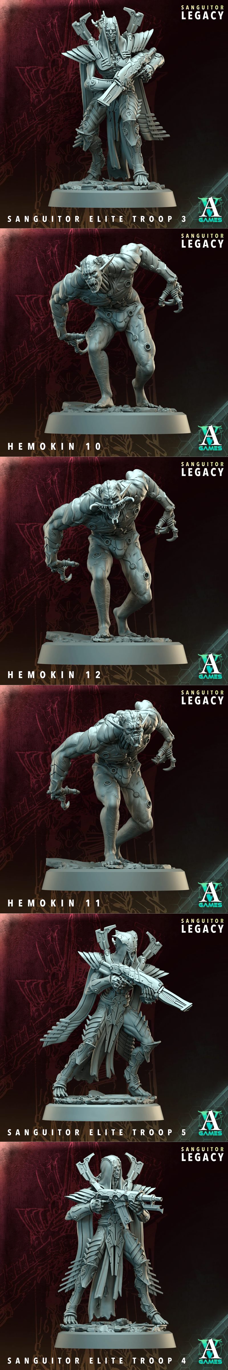 Collection of gothic sci-fi miniatures: a large mechanical creature, a robed figure with a staff, and an armored warr...