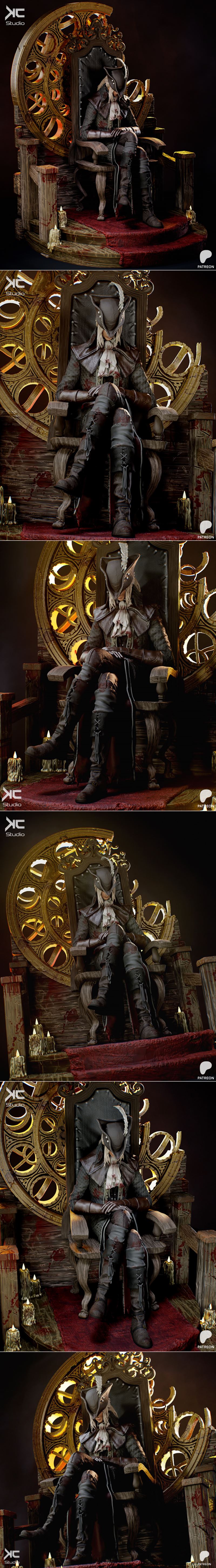 Lady Maria from Bloodborne seated on a gothic throne, wearing a feathered hat and ornate attire, surrounded by candle...